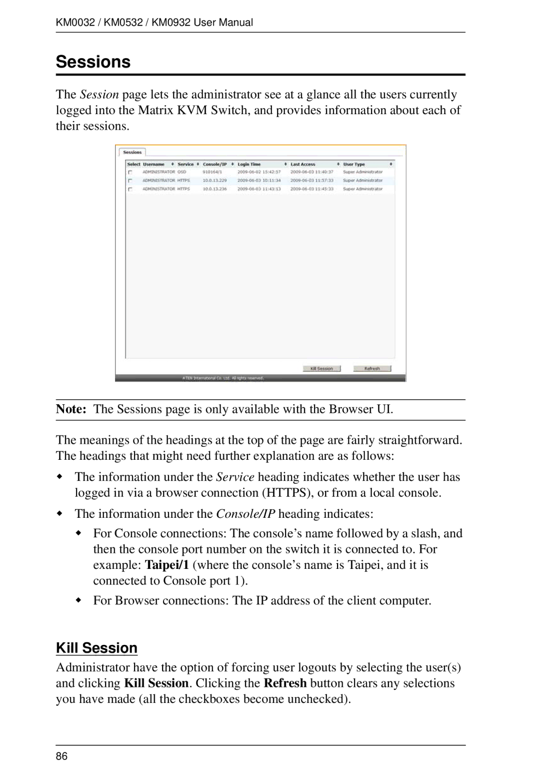 ATEN Technology KM0932, KM0532, KM0032 user manual Sessions, Kill Session 