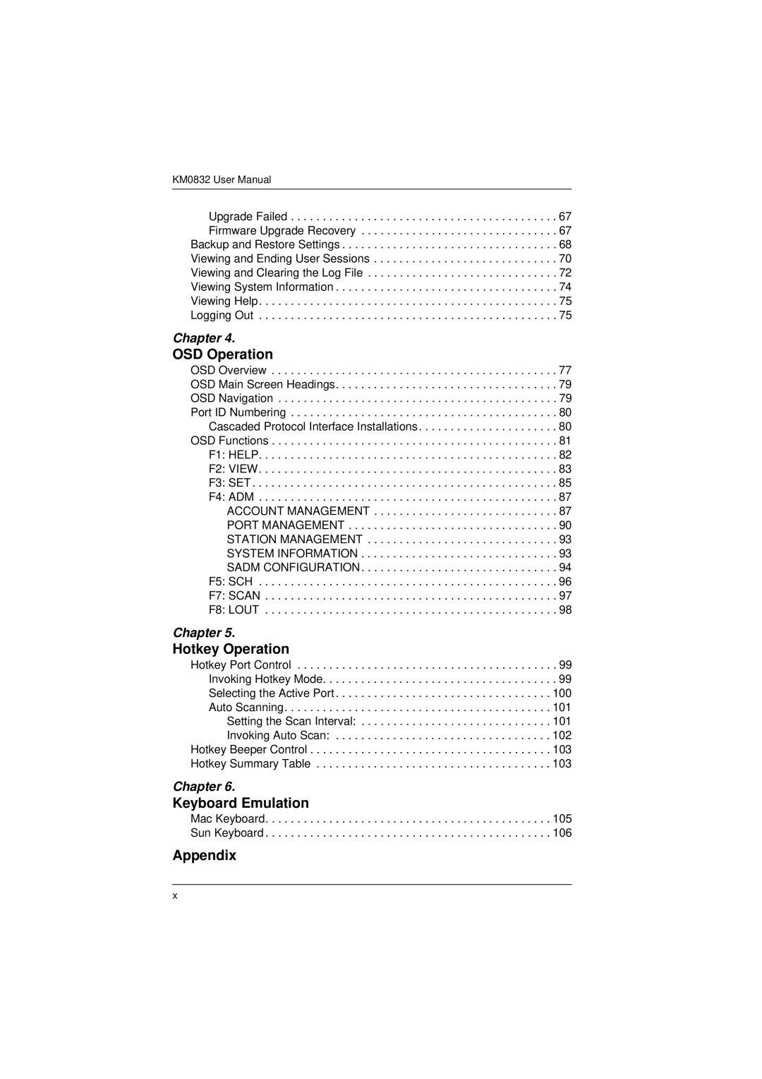 ATEN Technology KM0832 user manual OSD Operation, Hotkey Operation, Keyboard Emulation, Appendix 