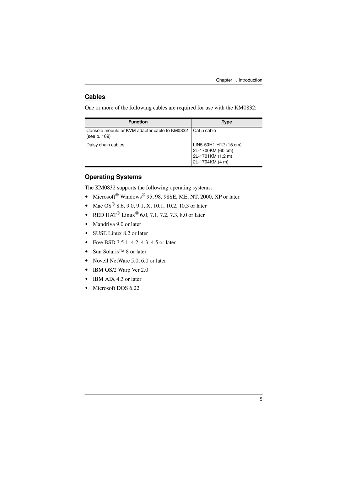 ATEN Technology KM0832 user manual Cables, Operating Systems, Function Type 