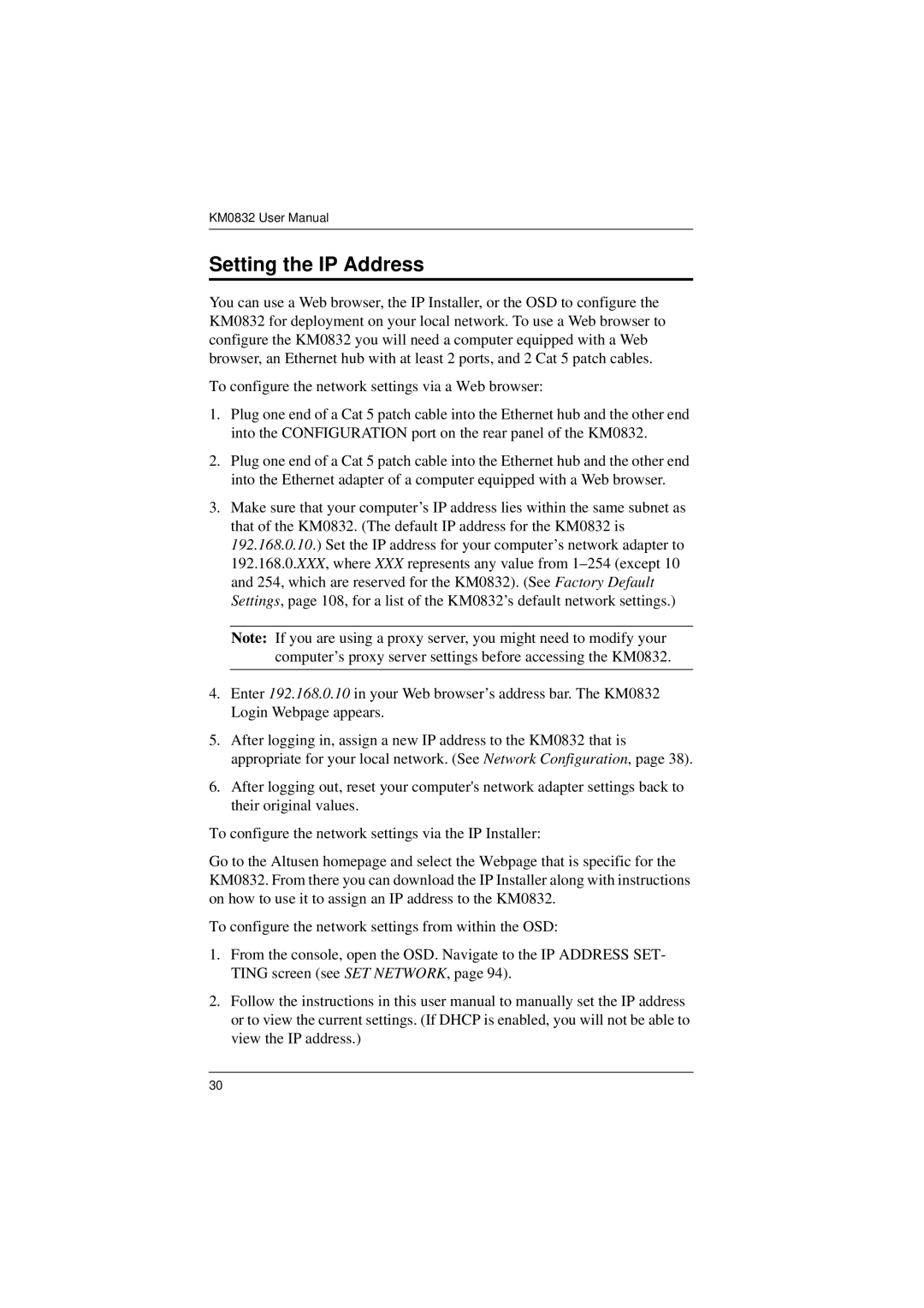 ATEN Technology KM0832 user manual Setting the IP Address 