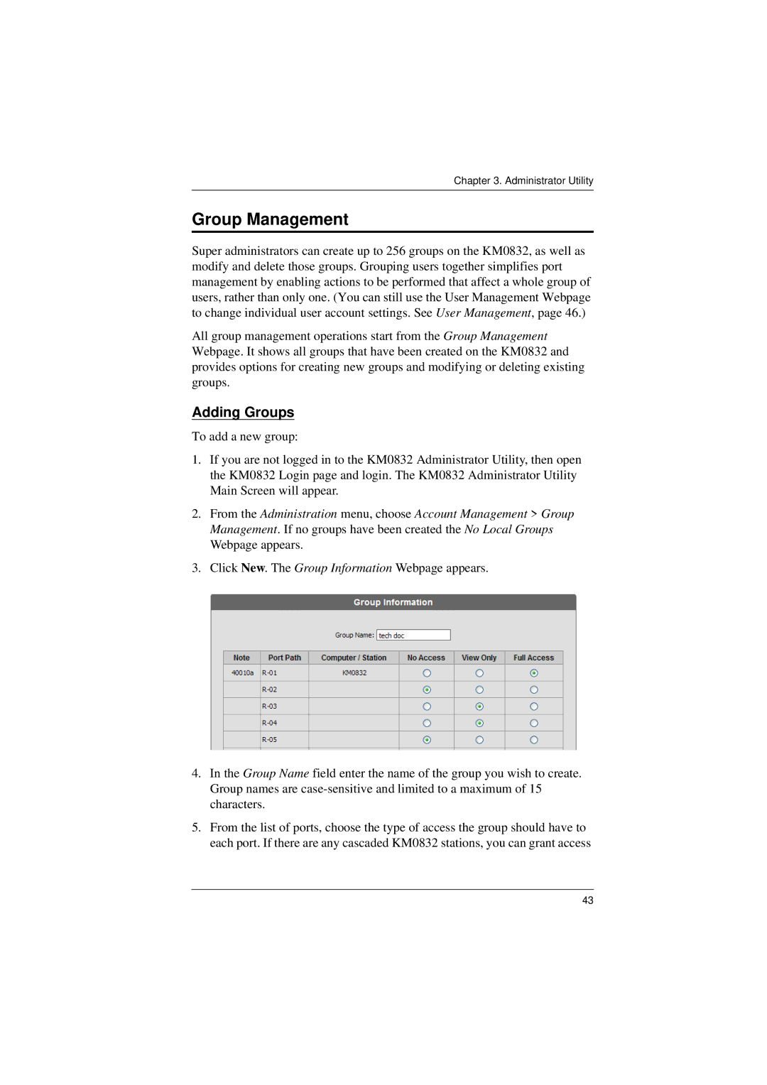 ATEN Technology KM0832 user manual Group Management, Adding Groups 