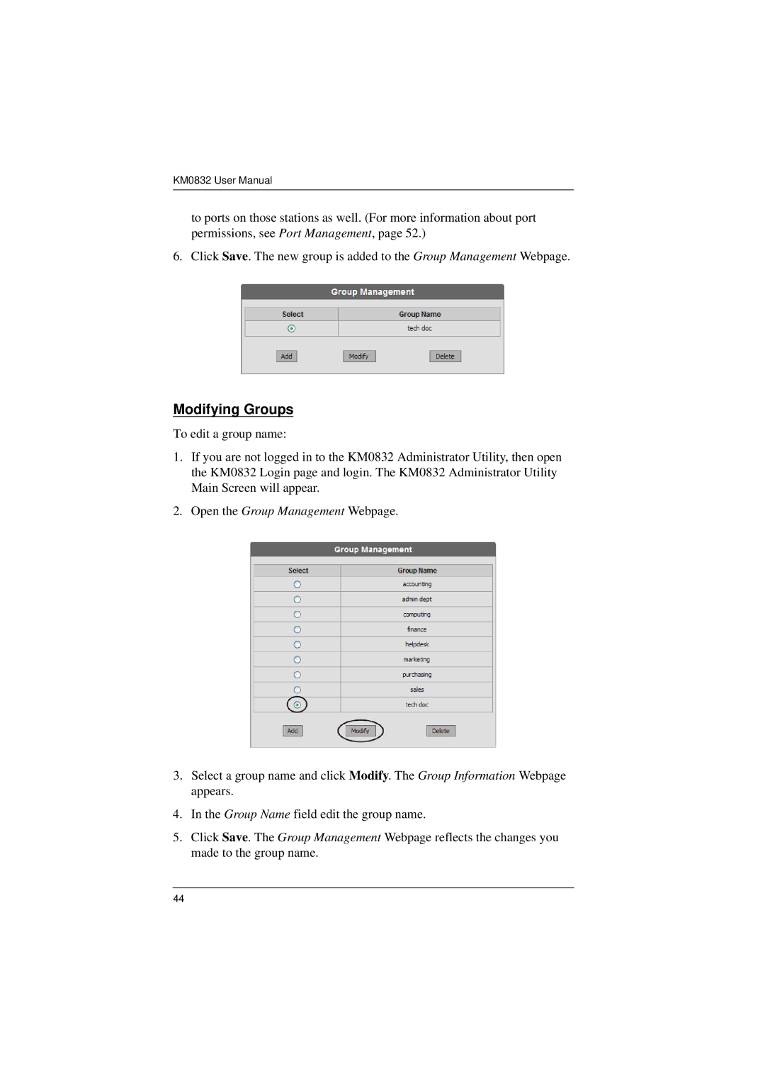 ATEN Technology KM0832 user manual Modifying Groups 