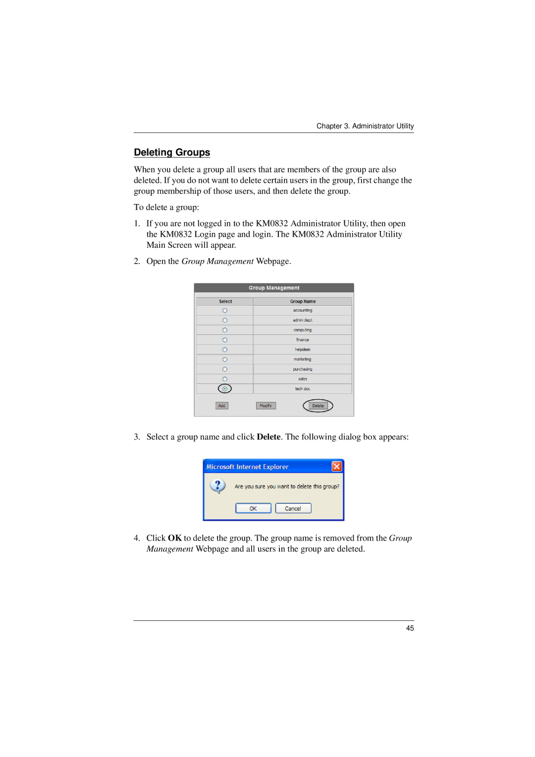 ATEN Technology KM0832 user manual Deleting Groups 