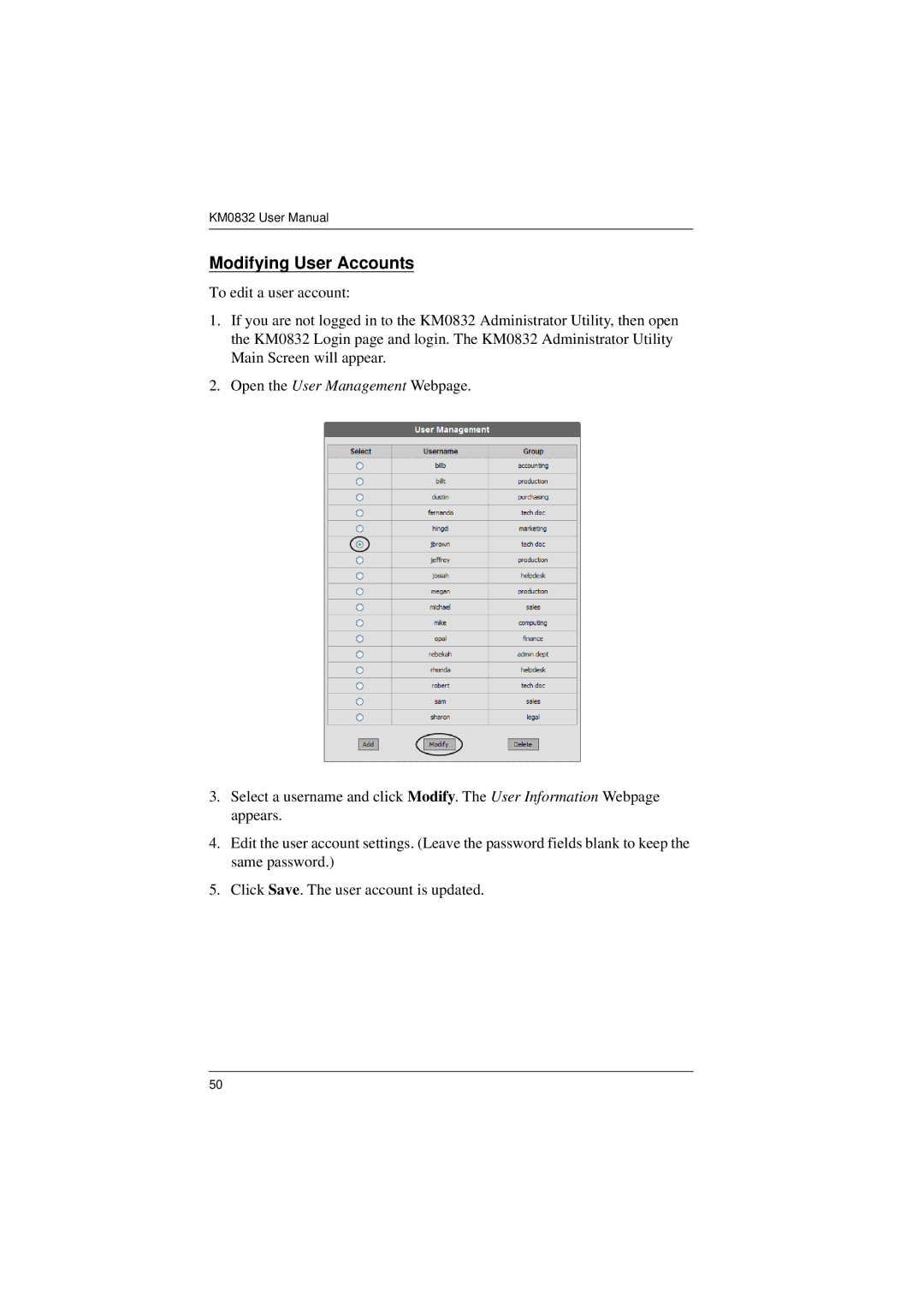 ATEN Technology KM0832 user manual Modifying User Accounts 