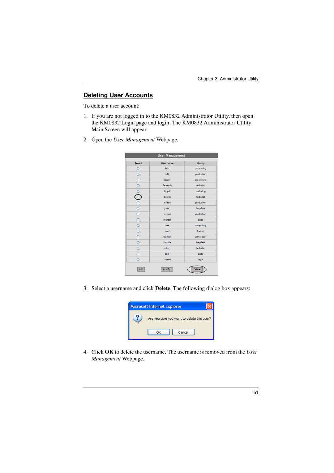 ATEN Technology KM0832 user manual Deleting User Accounts 