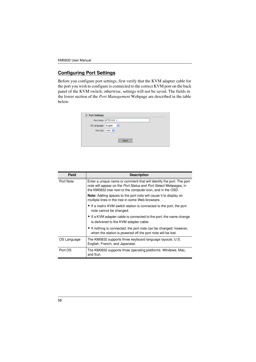 ATEN Technology KM0832 user manual Configuring Port Settings, Field Description 