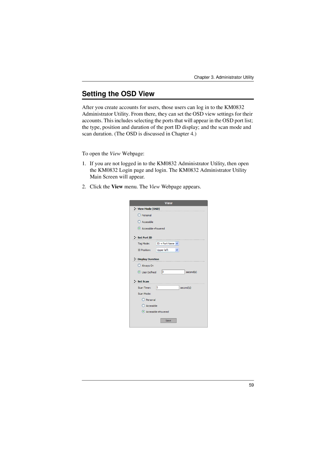 ATEN Technology KM0832 user manual Setting the OSD View 