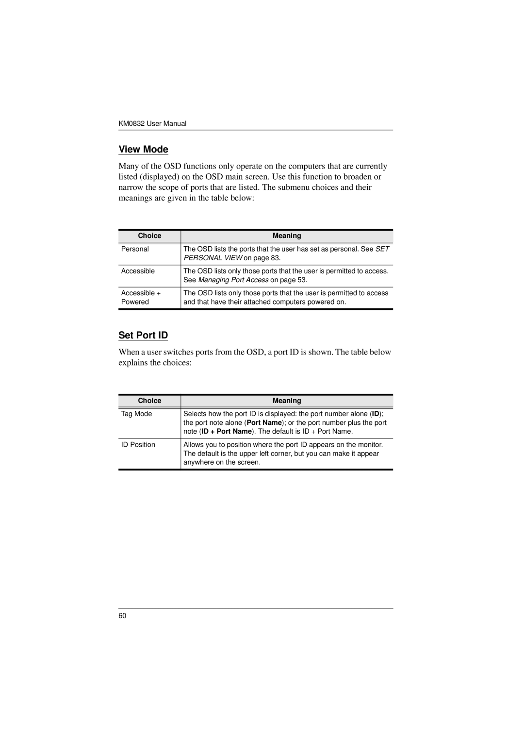 ATEN Technology KM0832 user manual View Mode, Set Port ID, Choice Meaning 