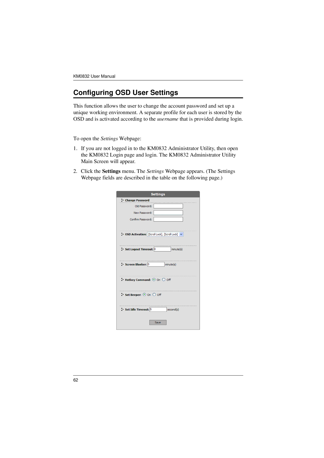 ATEN Technology KM0832 user manual Configuring OSD User Settings 