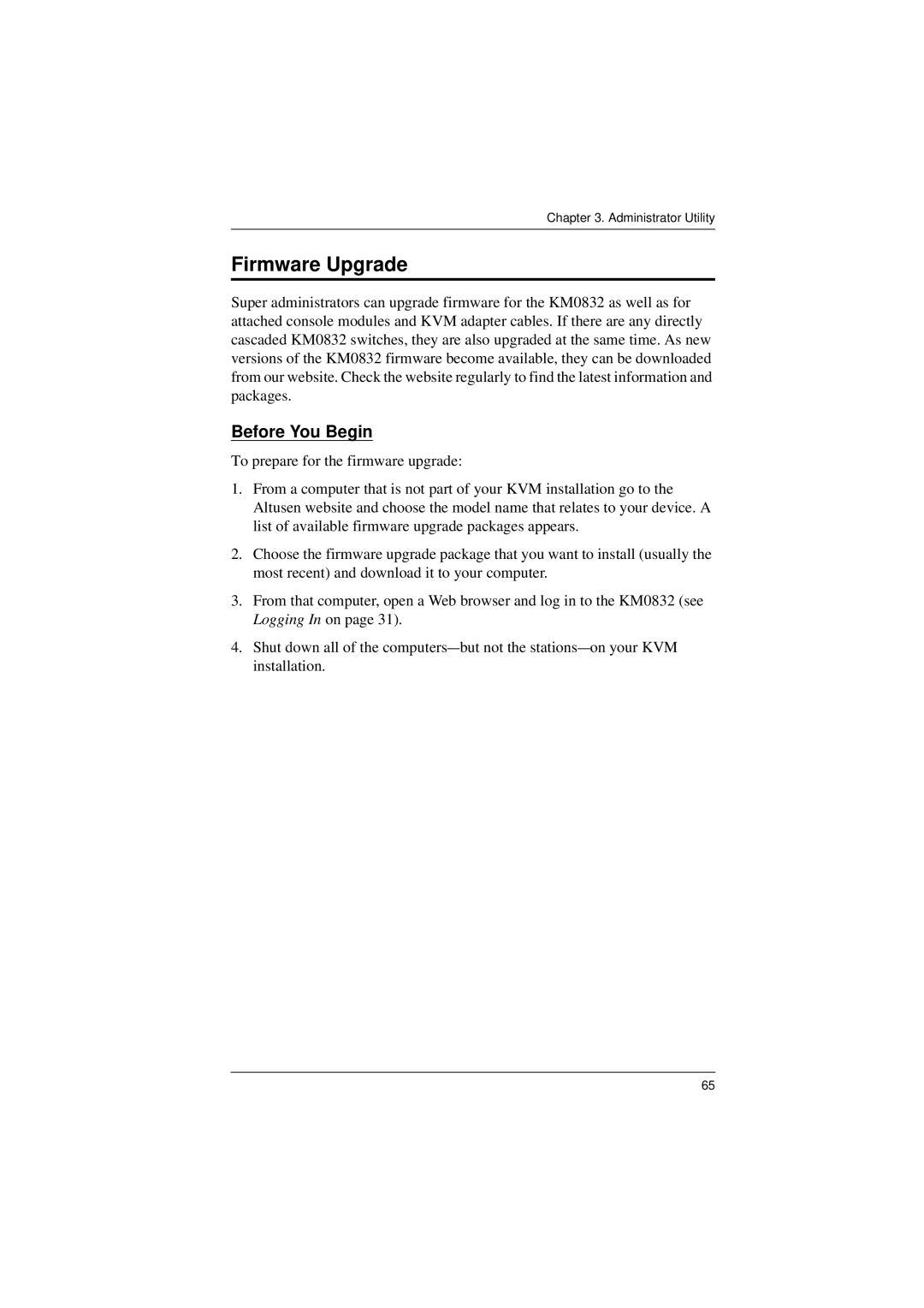 ATEN Technology KM0832 user manual Firmware Upgrade, Before You Begin 