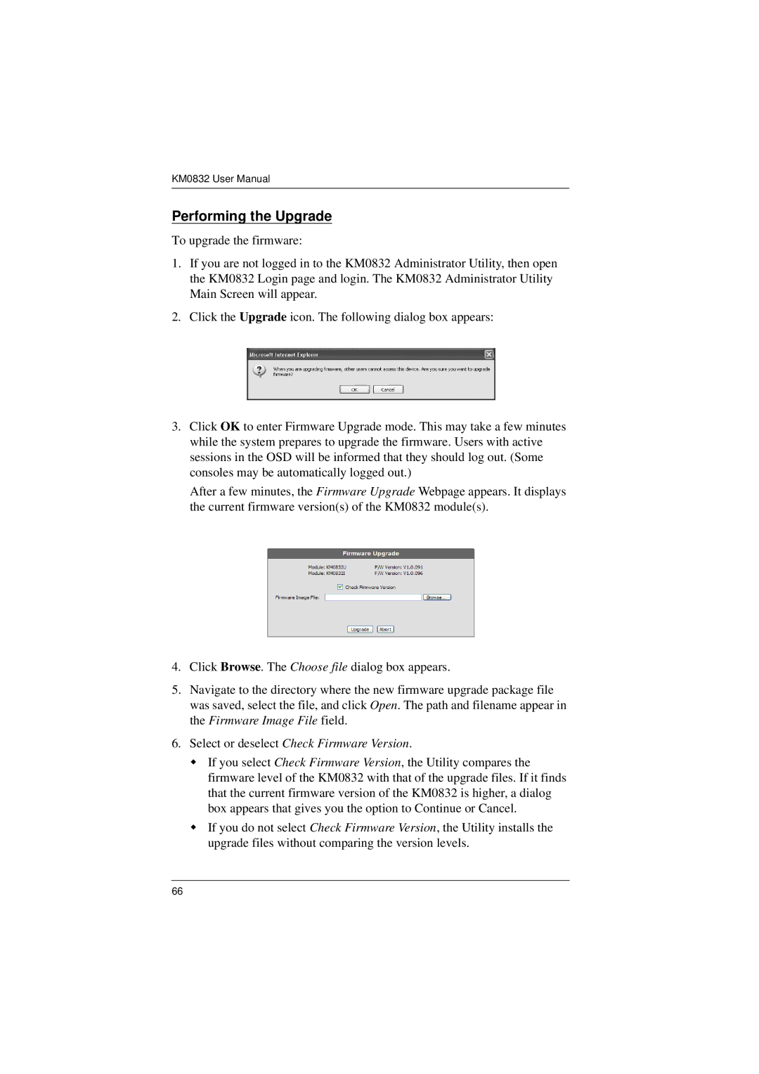 ATEN Technology KM0832 user manual Performing the Upgrade, Select or deselect Check Firmware Version 