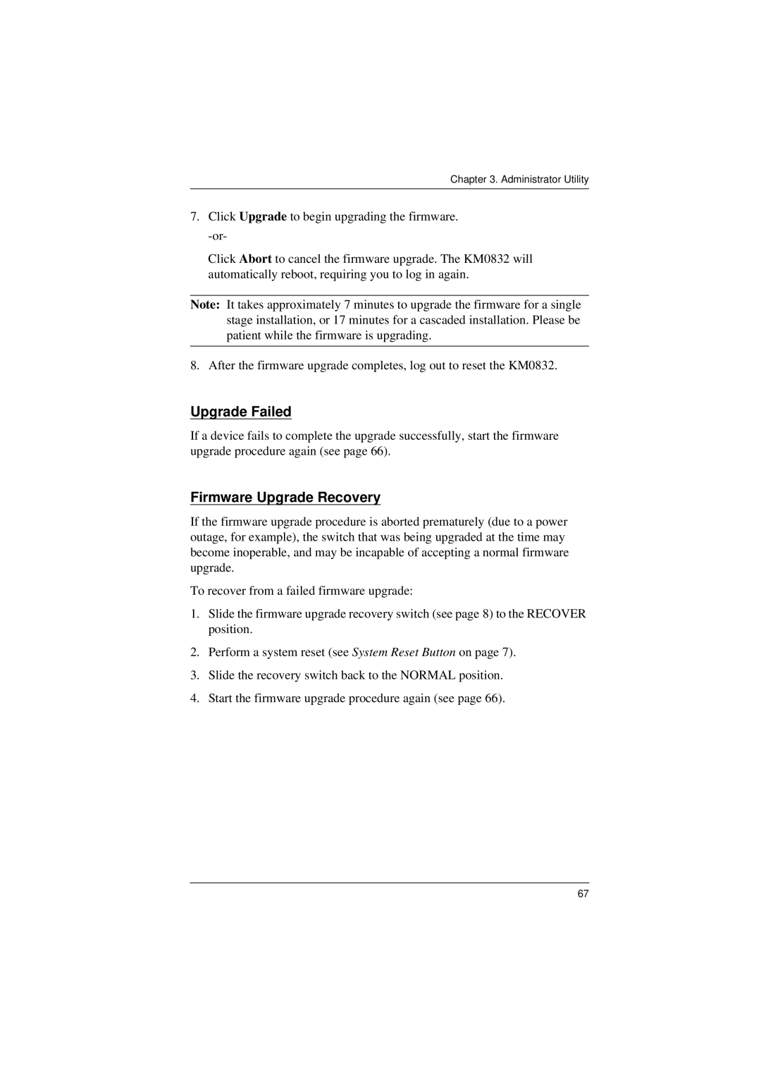 ATEN Technology KM0832 user manual Upgrade Failed, Firmware Upgrade Recovery 