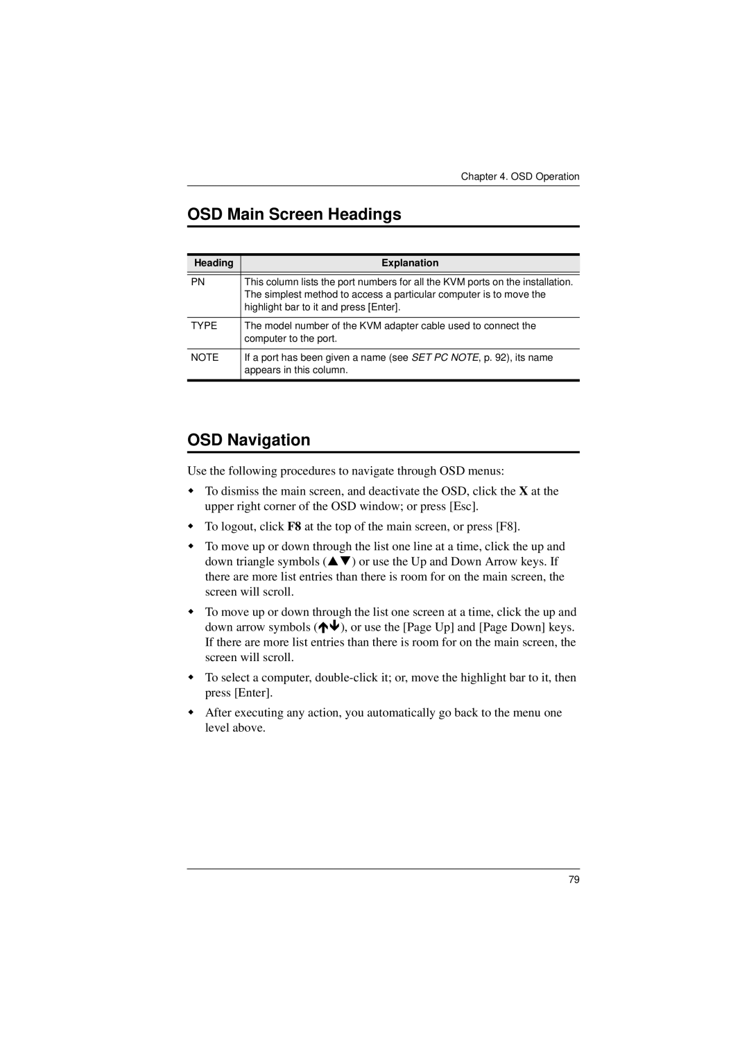 ATEN Technology KM0832 user manual OSD Main Screen Headings, OSD Navigation, Heading Explanation, Type 