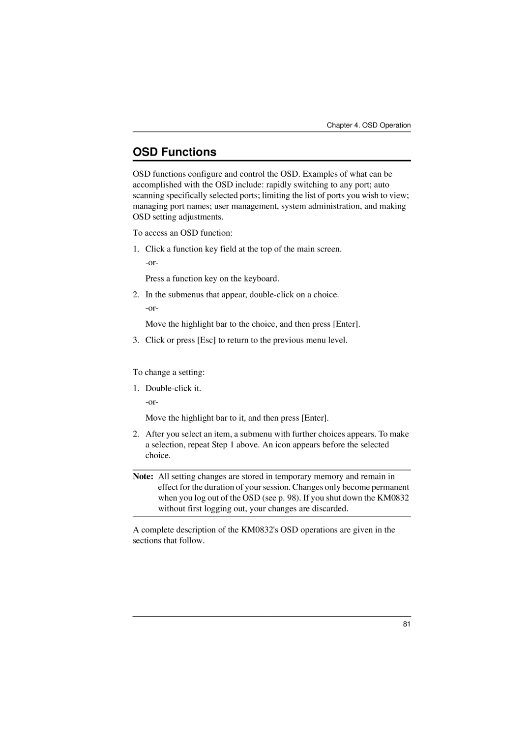 ATEN Technology KM0832 user manual OSD Functions 