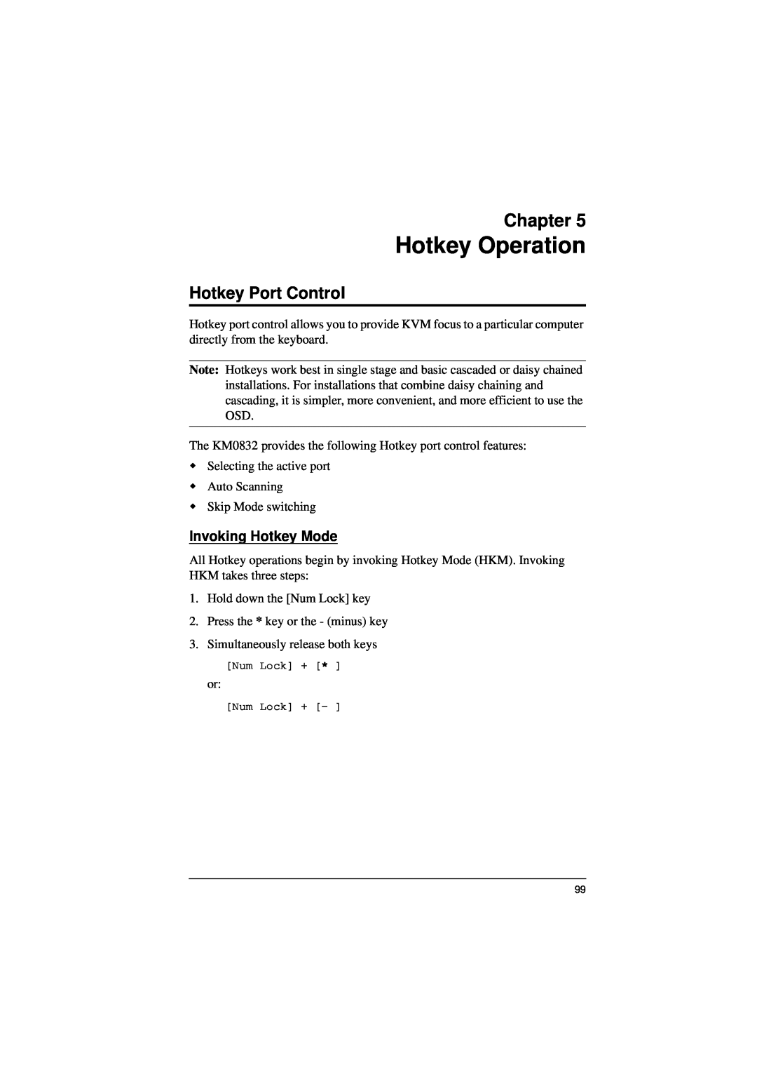 ATEN Technology KM0832 user manual Hotkey Operation, Hotkey Port Control, Invoking Hotkey Mode, Chapter 