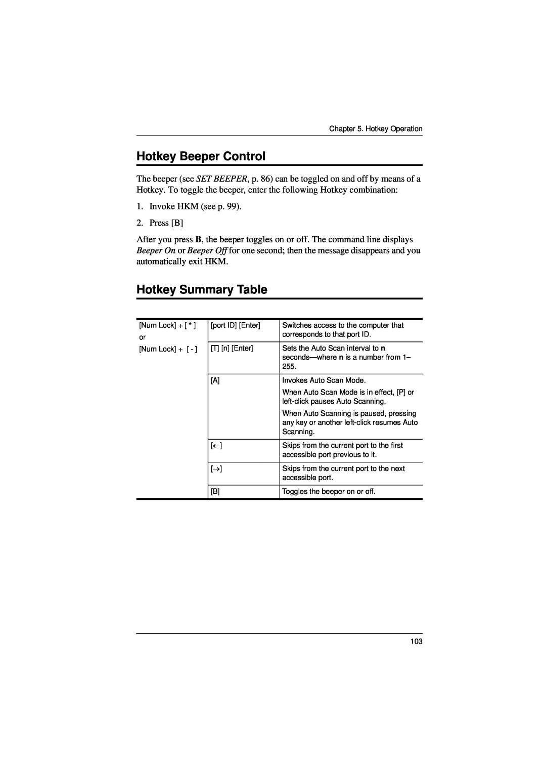 ATEN Technology KM0832 user manual Hotkey Beeper Control, Hotkey Summary Table 