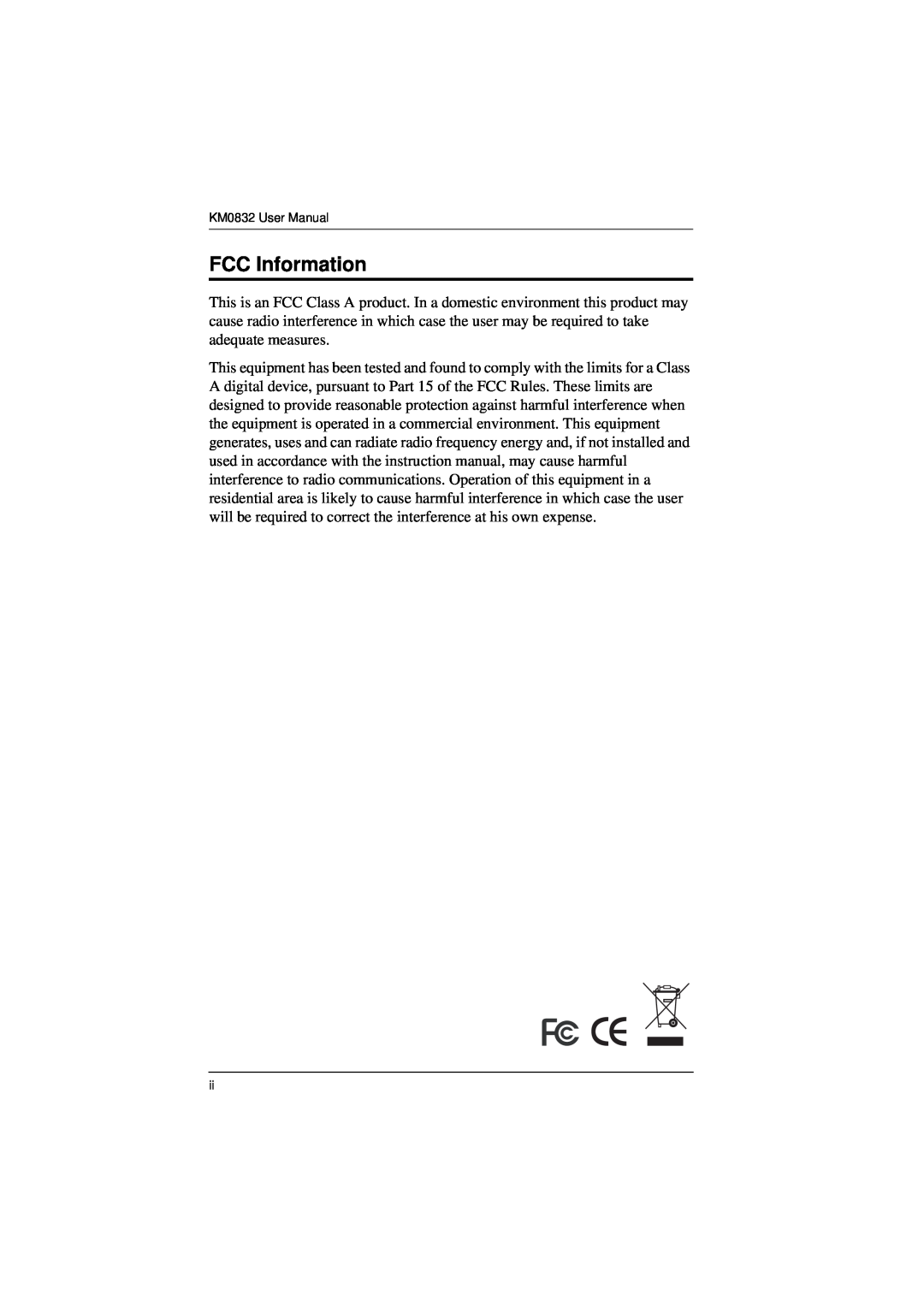 ATEN Technology user manual FCC Information, KM0832 User Manual 