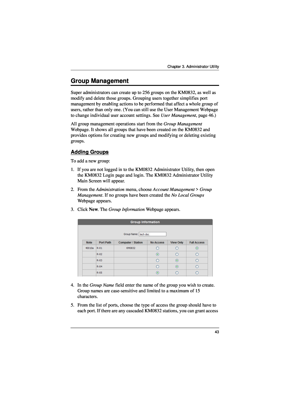 ATEN Technology KM0832 user manual Group Management, Adding Groups 
