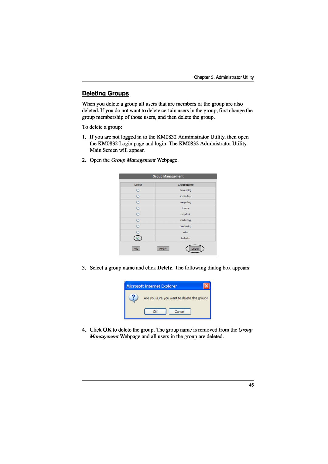 ATEN Technology KM0832 user manual Deleting Groups 