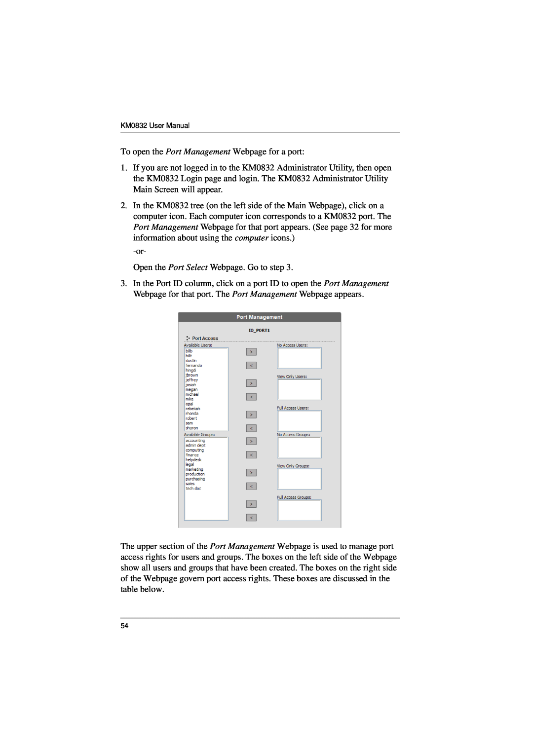 ATEN Technology KM0832 user manual To open the Port Management Webpage for a port 