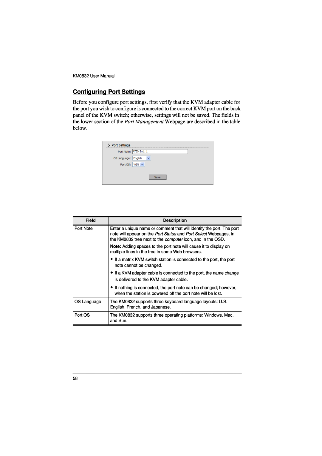 ATEN Technology KM0832 user manual Configuring Port Settings, Field, Description 