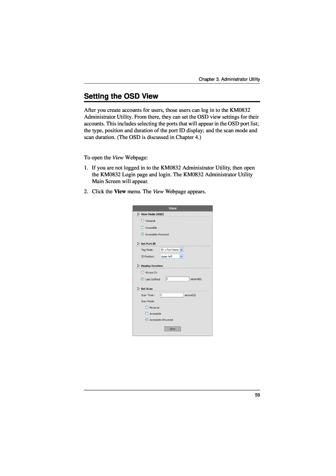 ATEN Technology KM0832 user manual Setting the OSD View 