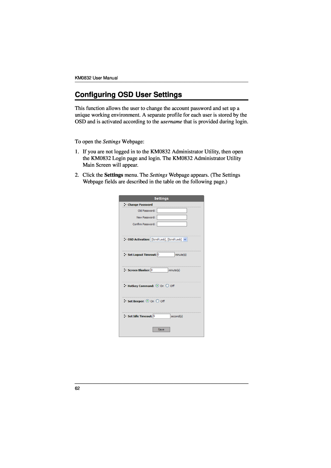 ATEN Technology KM0832 user manual Configuring OSD User Settings 