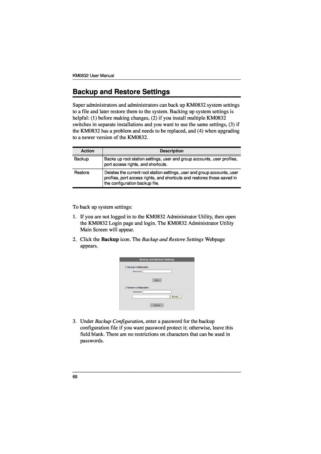ATEN Technology KM0832 user manual Backup and Restore Settings 