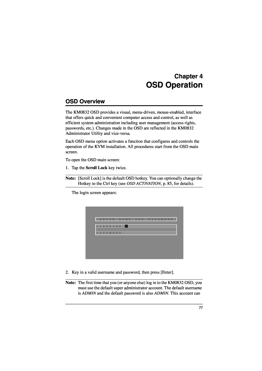 ATEN Technology KM0832 user manual OSD Operation, OSD Overview, Chapter 