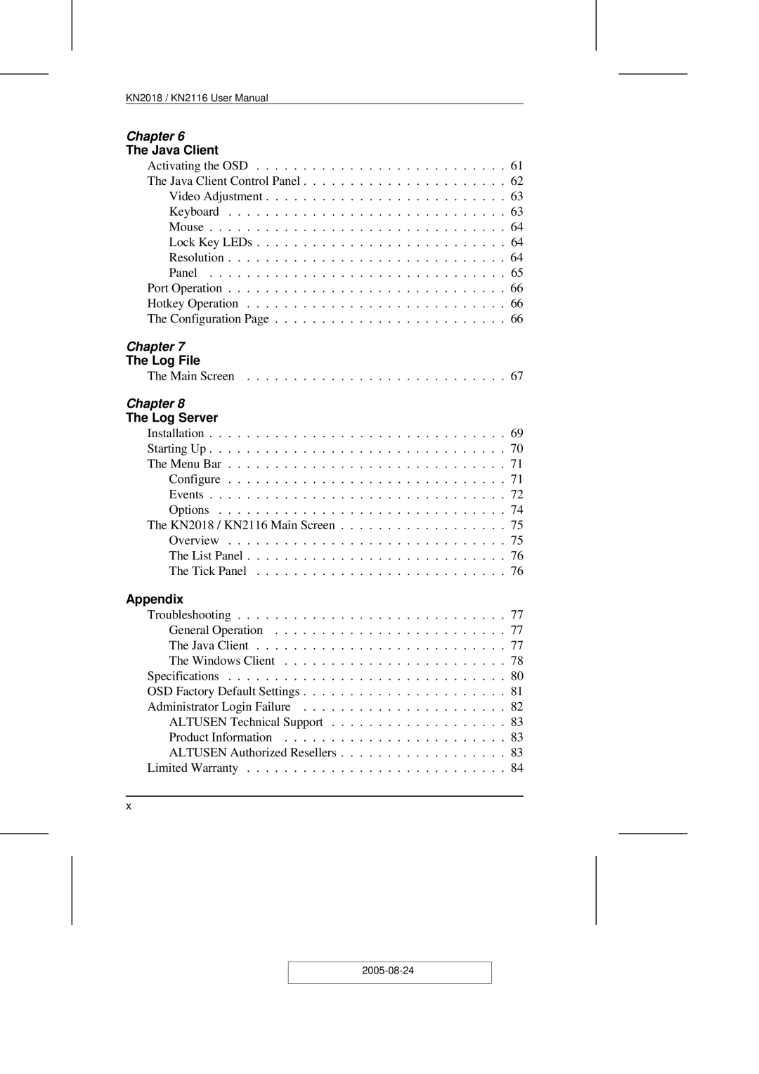 ATEN Technology KN2108 user manual Java Client, Log File, Log Server, Appendix 