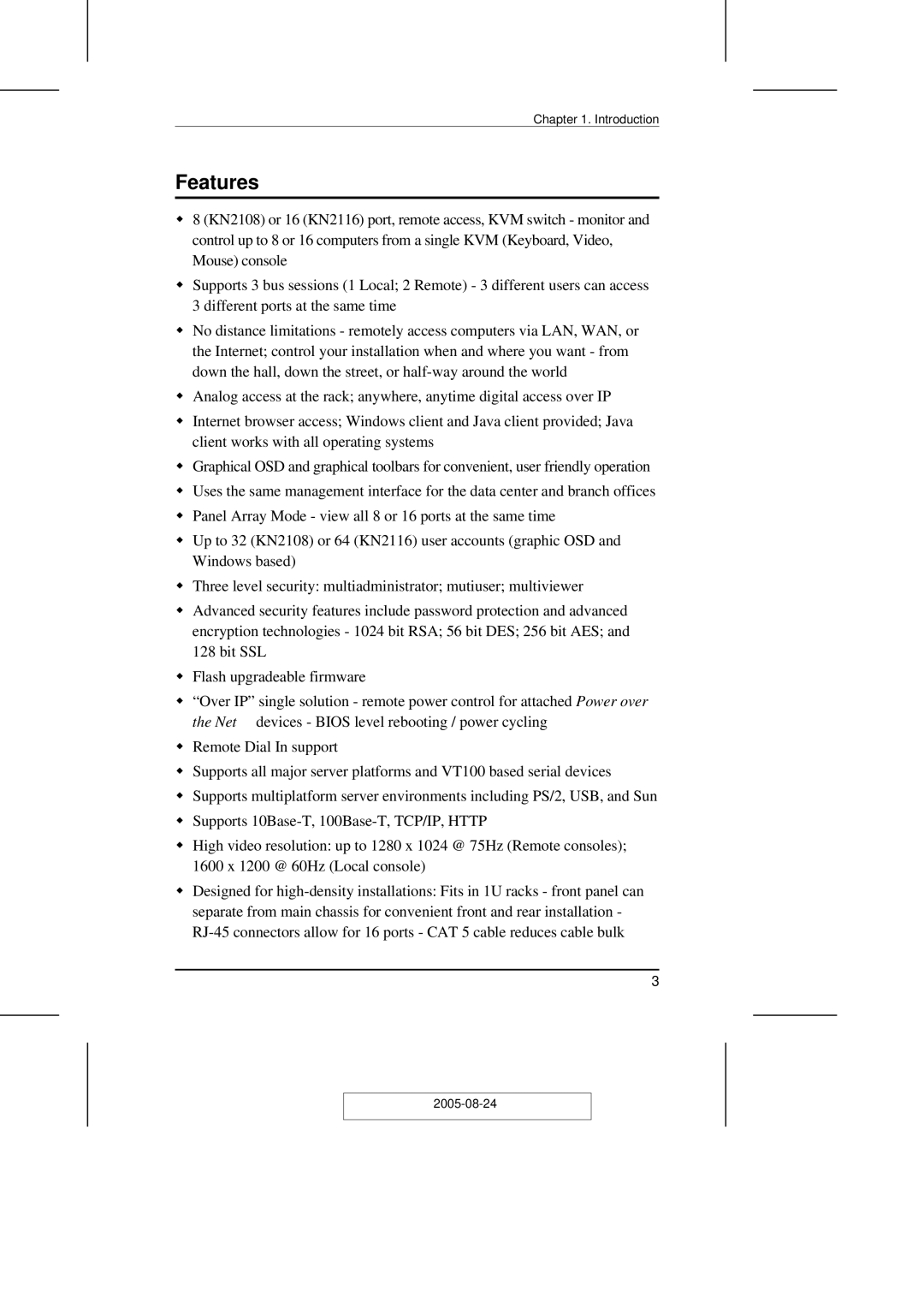 ATEN Technology KN2108 user manual Features 