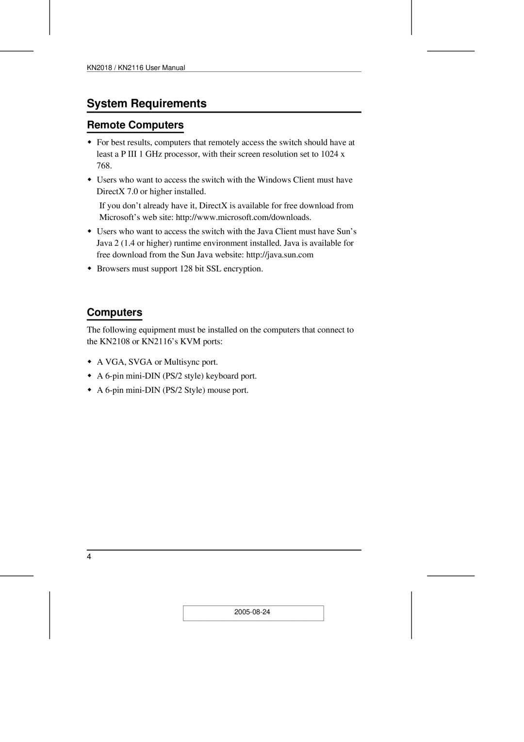 ATEN Technology KN2108 user manual System Requirements, Remote Computers 