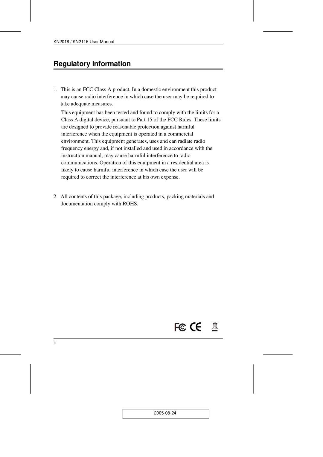 ATEN Technology KN2108 user manual Regulatory Information 