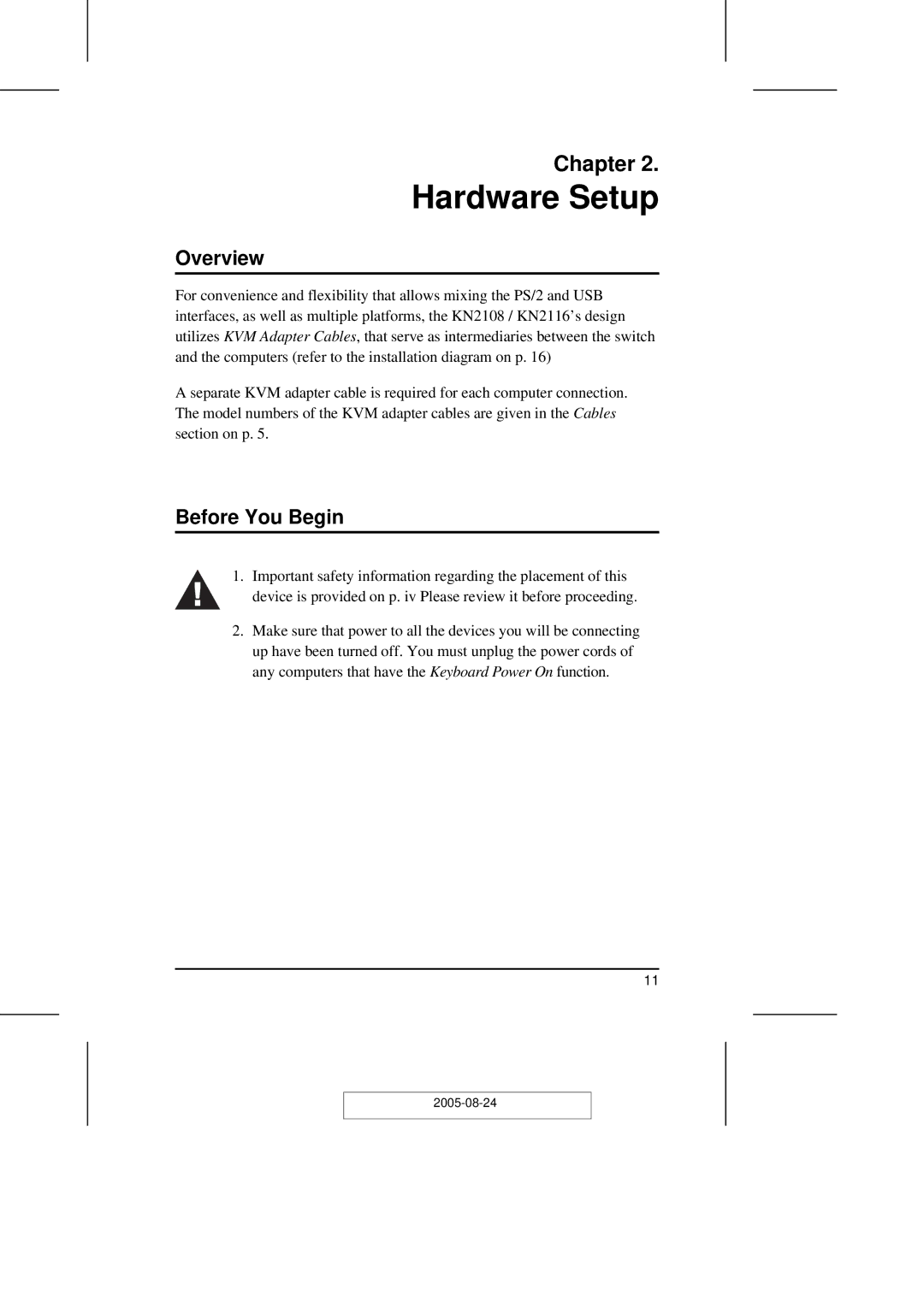 ATEN Technology KN2108 user manual Hardware Setup, Before You Begin 