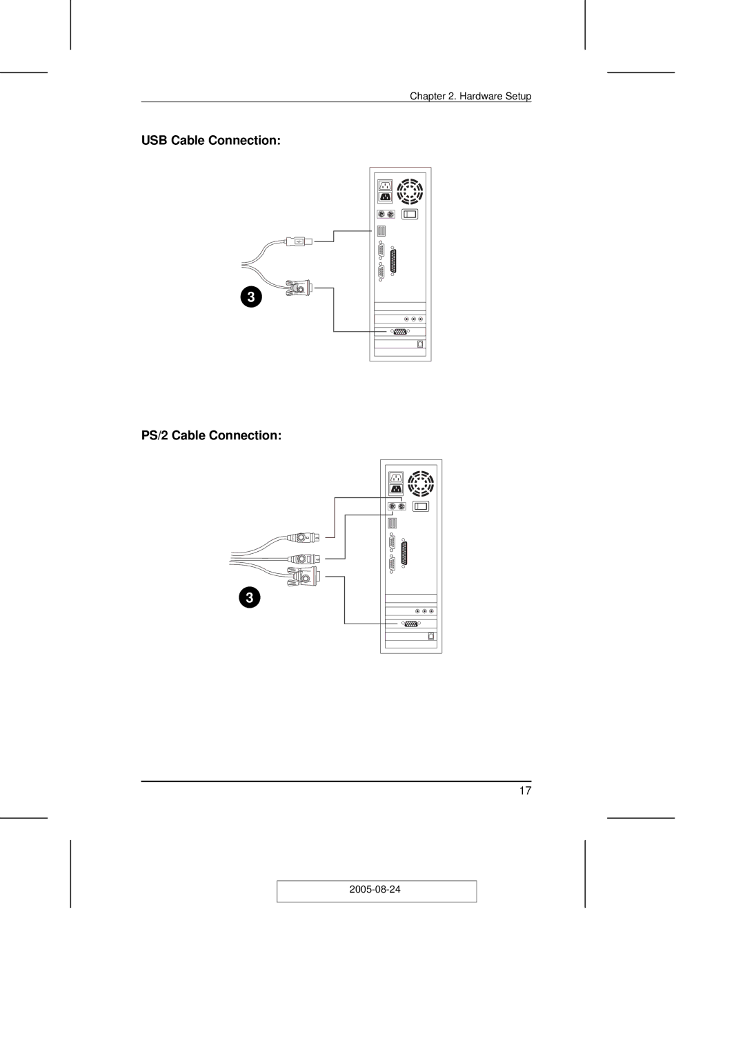 ATEN Technology KN2108 user manual USB Cable Connection PS/2 Cable Connection 