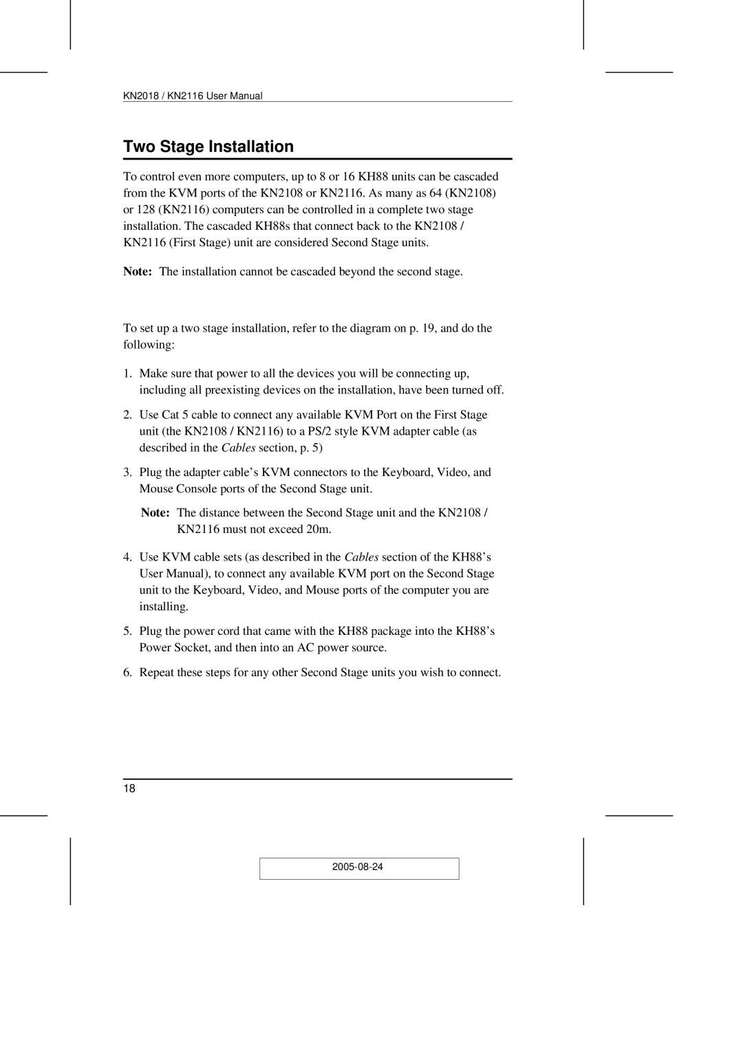 ATEN Technology KN2108 user manual Two Stage Installation 