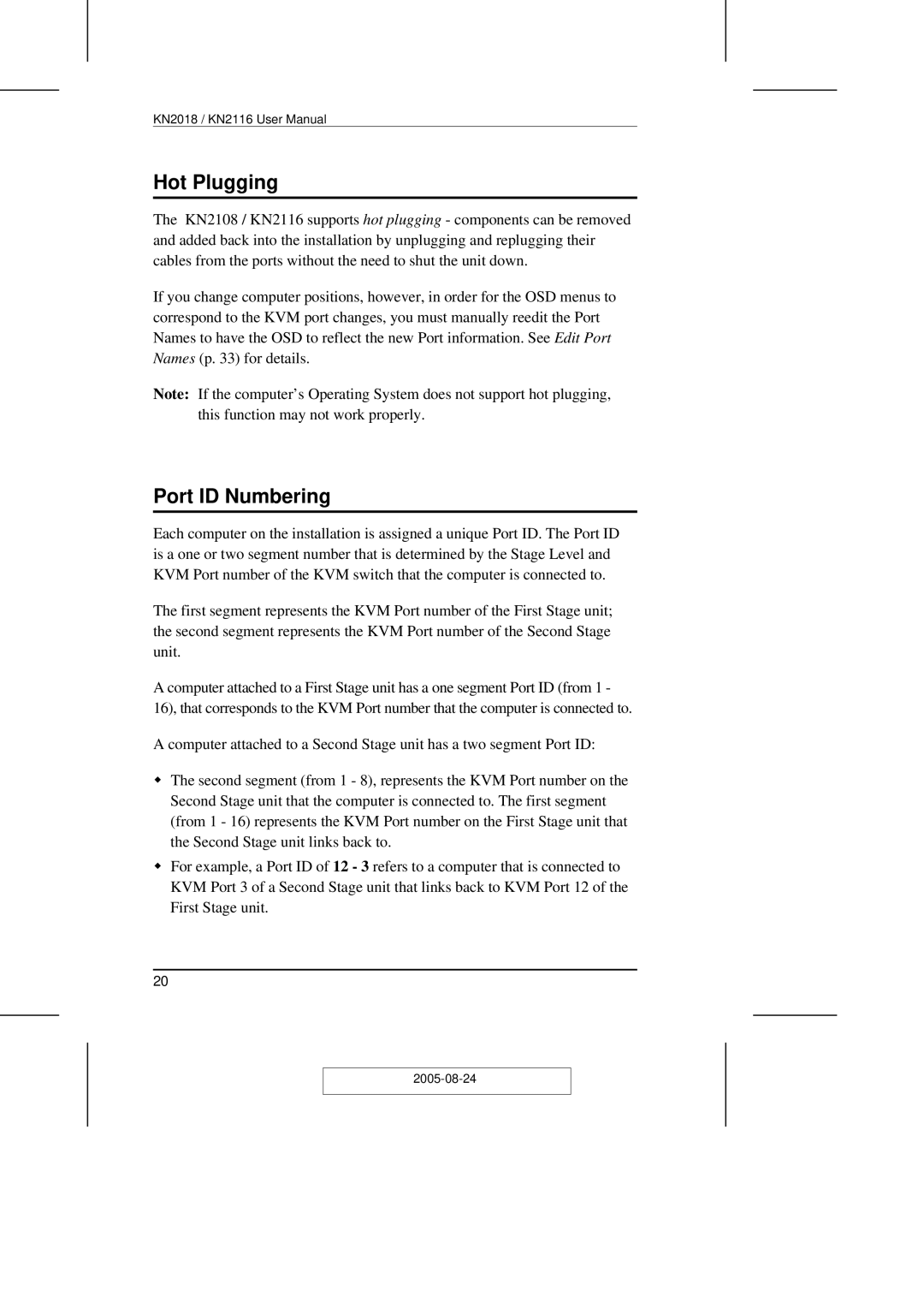 ATEN Technology KN2108 user manual Hot Plugging, Port ID Numbering 