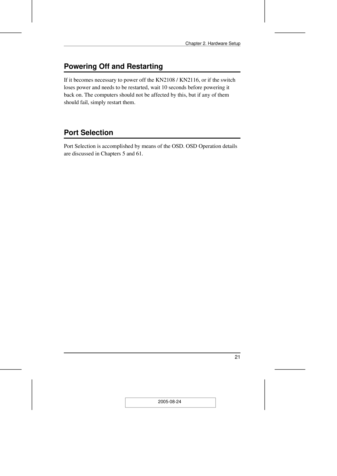 ATEN Technology KN2108 user manual Powering Off and Restarting, Port Selection 