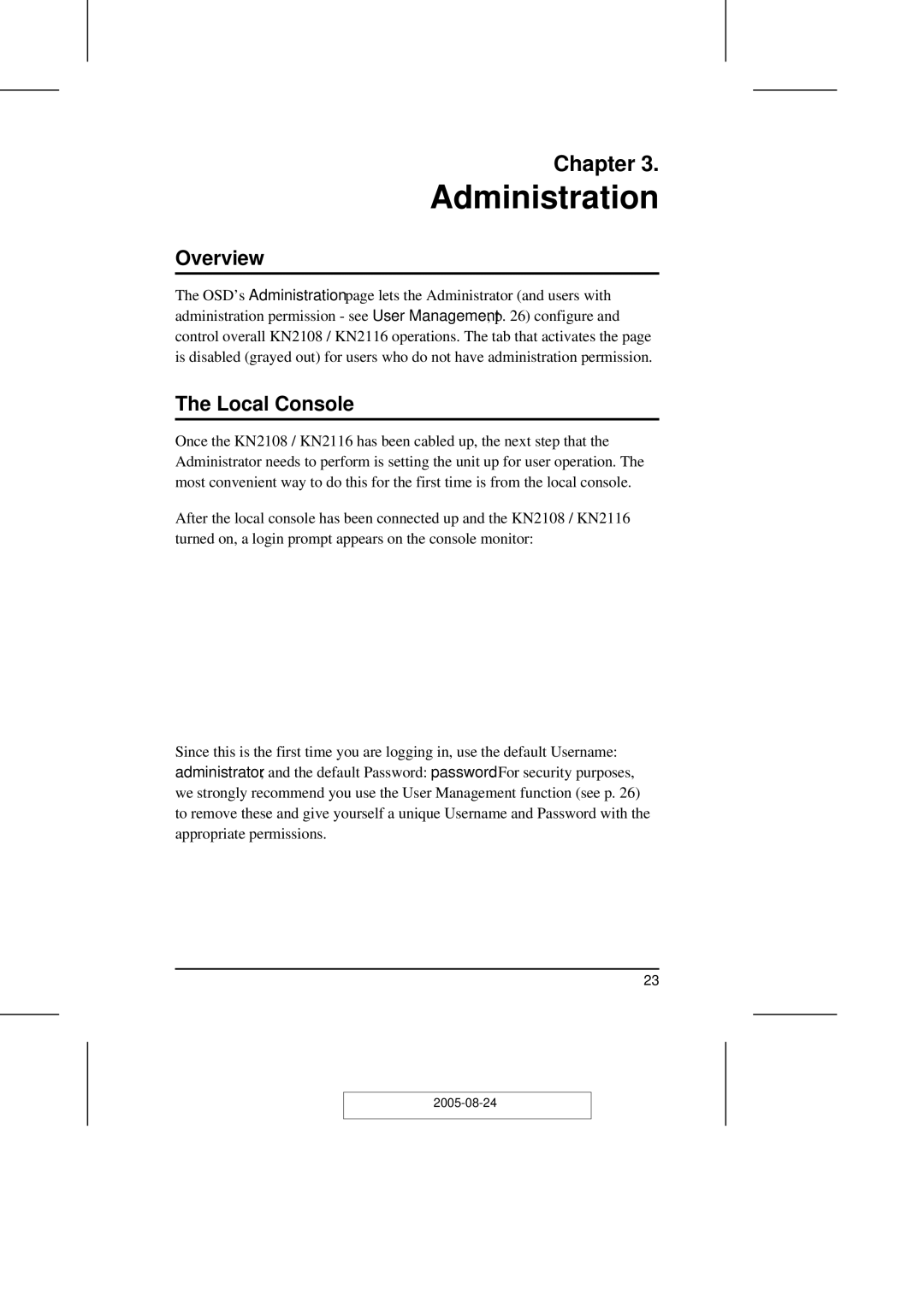 ATEN Technology KN2108 user manual Administration, Local Console 