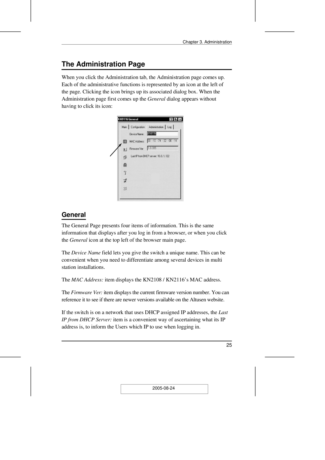 ATEN Technology KN2108 user manual Administration, General 