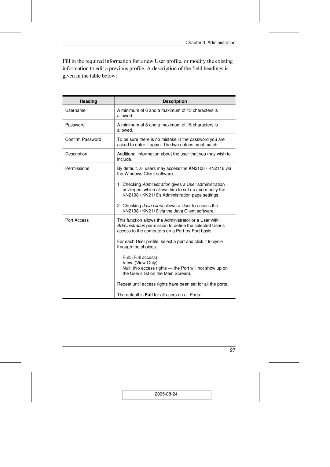 ATEN Technology KN2108 user manual Heading Description 