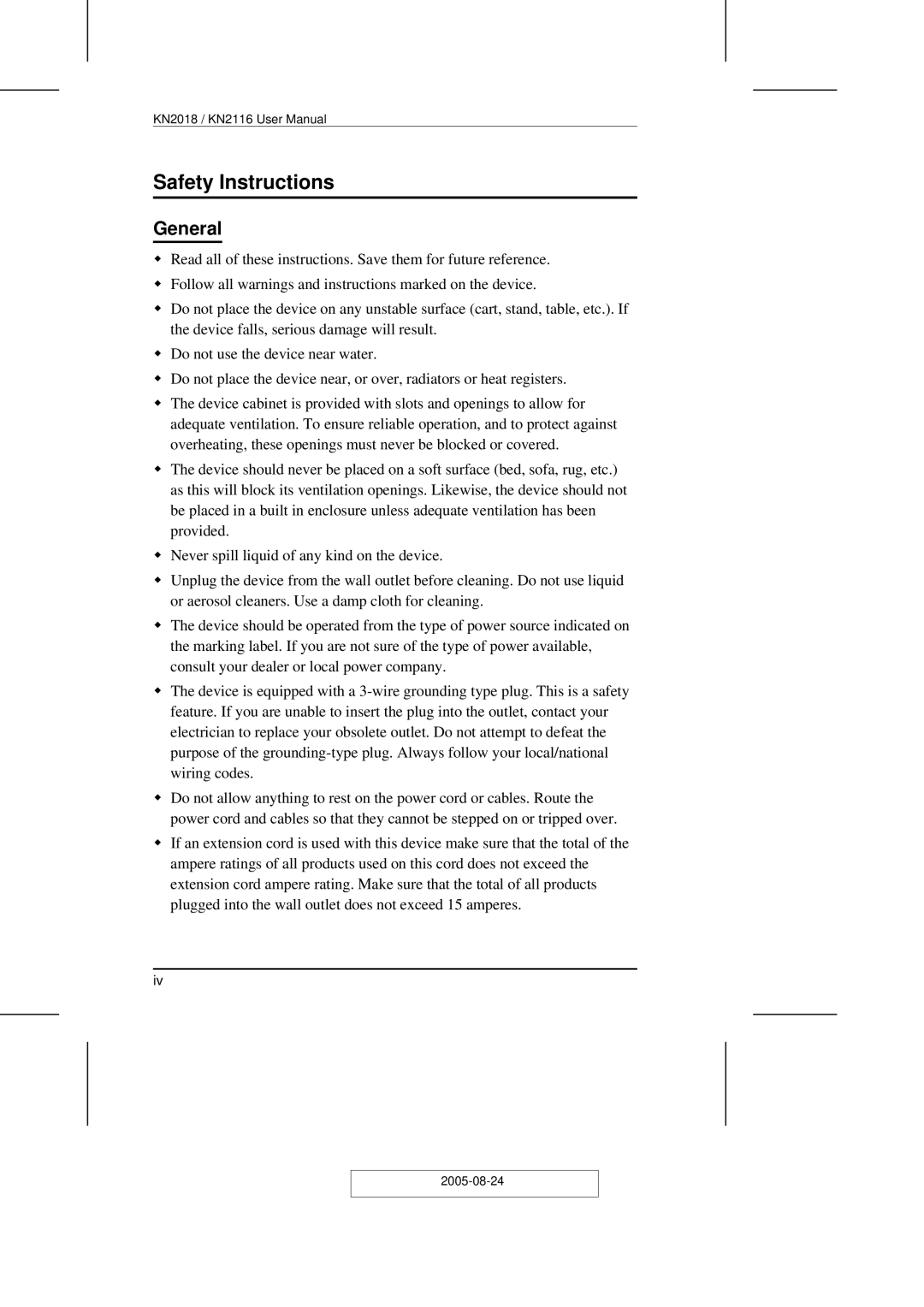 ATEN Technology KN2108 user manual Safety Instructions, General 