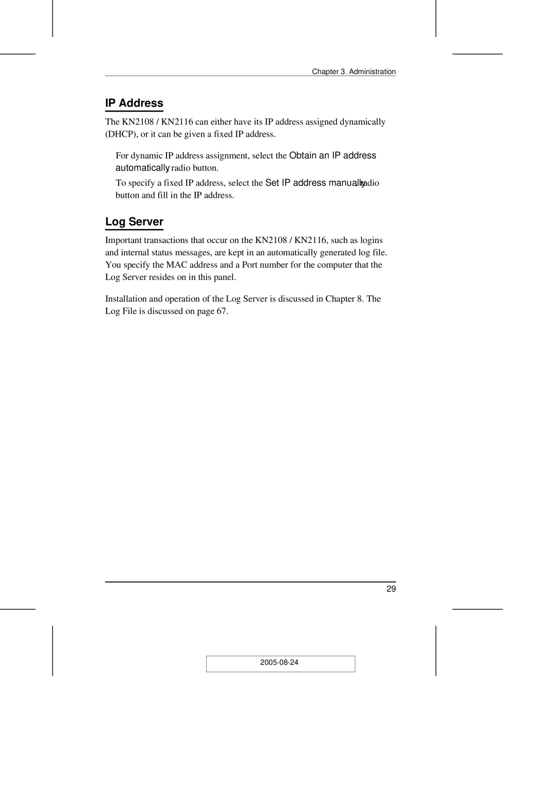 ATEN Technology KN2108 user manual IP Address, Log Server 