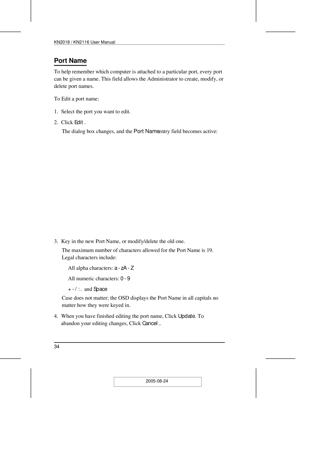 ATEN Technology KN2108 user manual Port Name, + / . and Space 