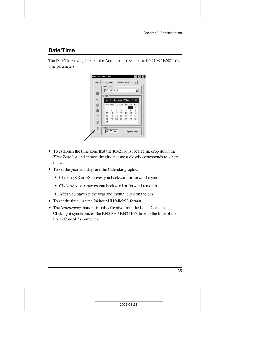 ATEN Technology KN2108 user manual Date/Time 