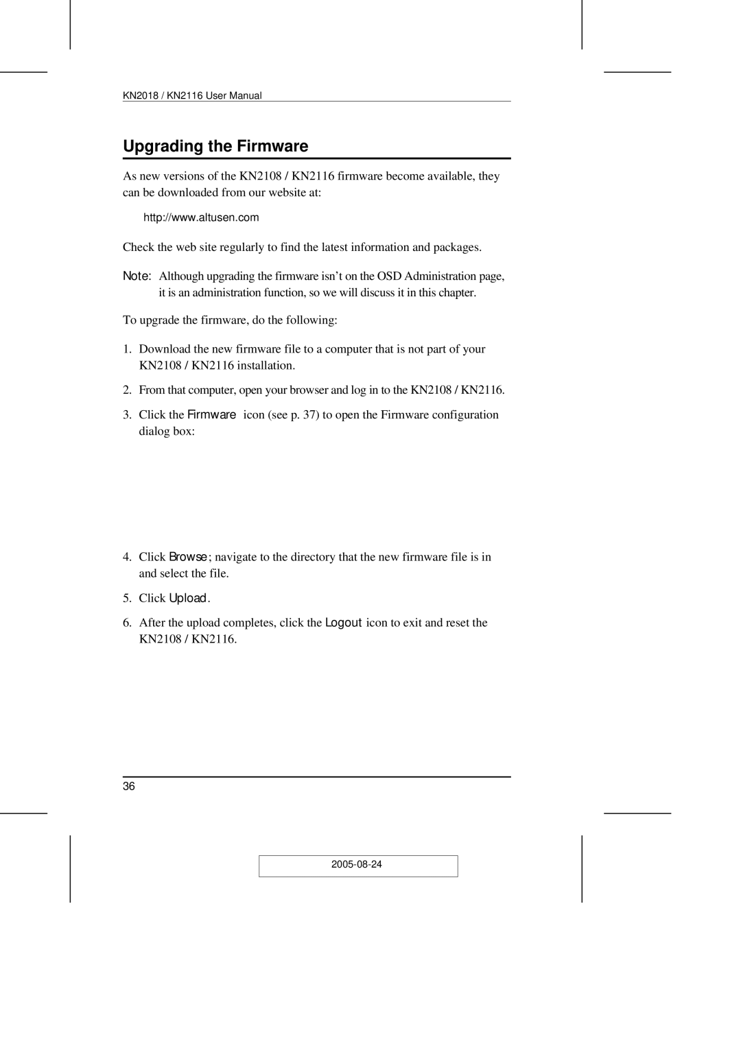 ATEN Technology KN2108 user manual Upgrading the Firmware 