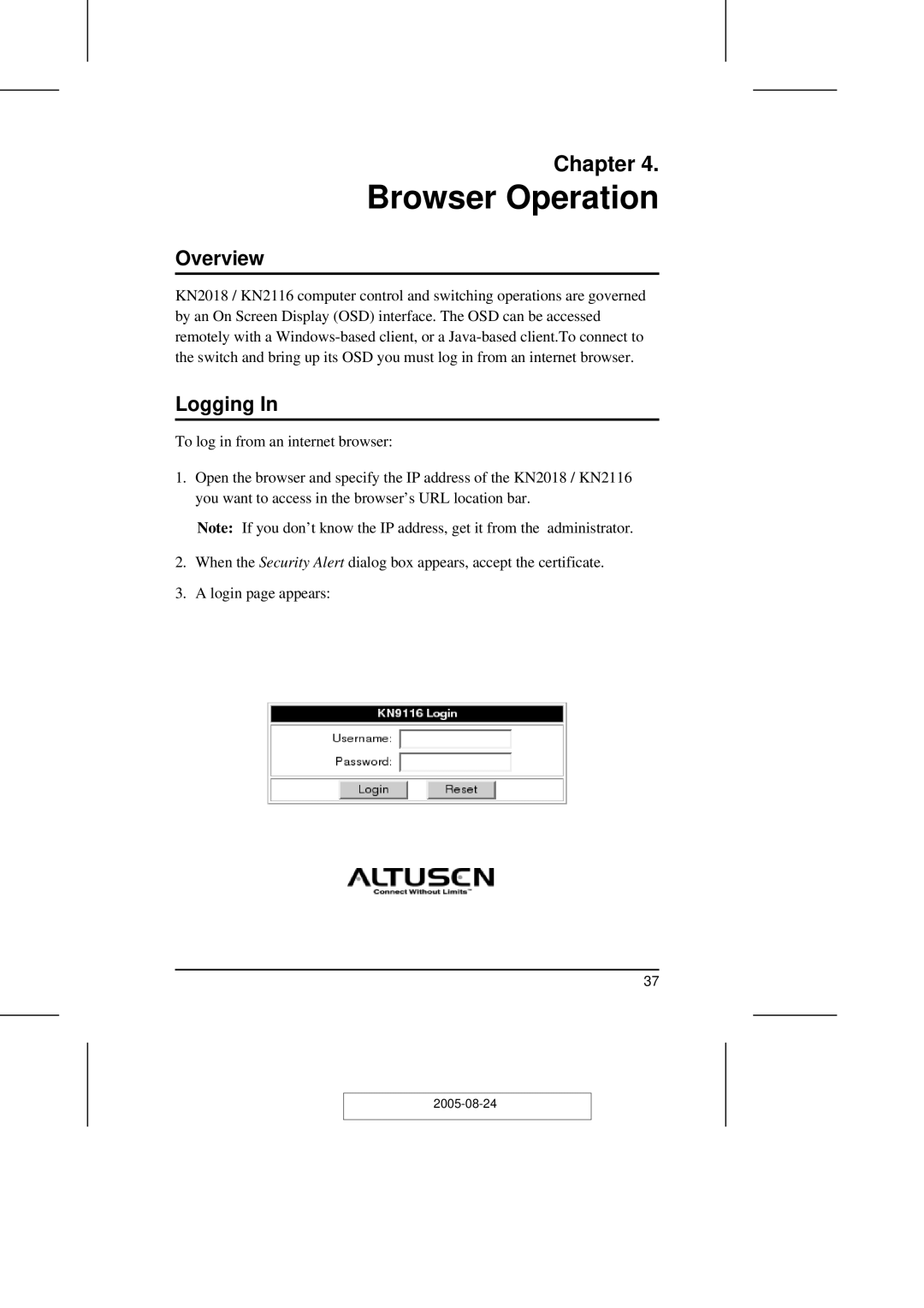 ATEN Technology KN2108 user manual Browser Operation, Logging 