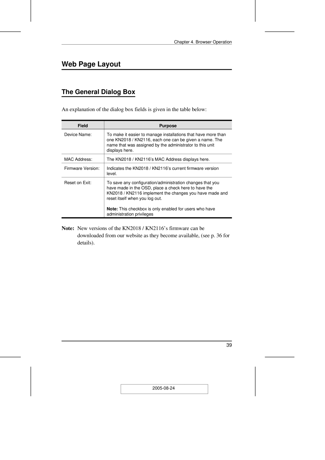 ATEN Technology KN2108 user manual Web Page Layout, General Dialog Box, Field Purpose 