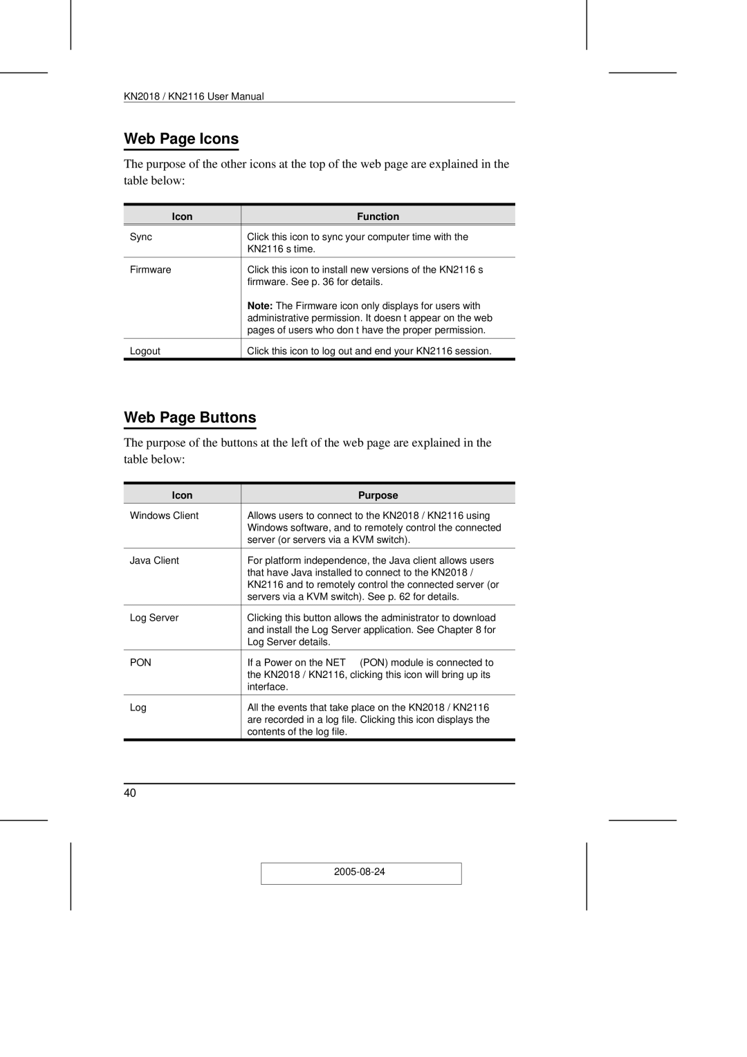 ATEN Technology KN2108 user manual Web Page Icons, Web Page Buttons, Icon Function, Icon Purpose 