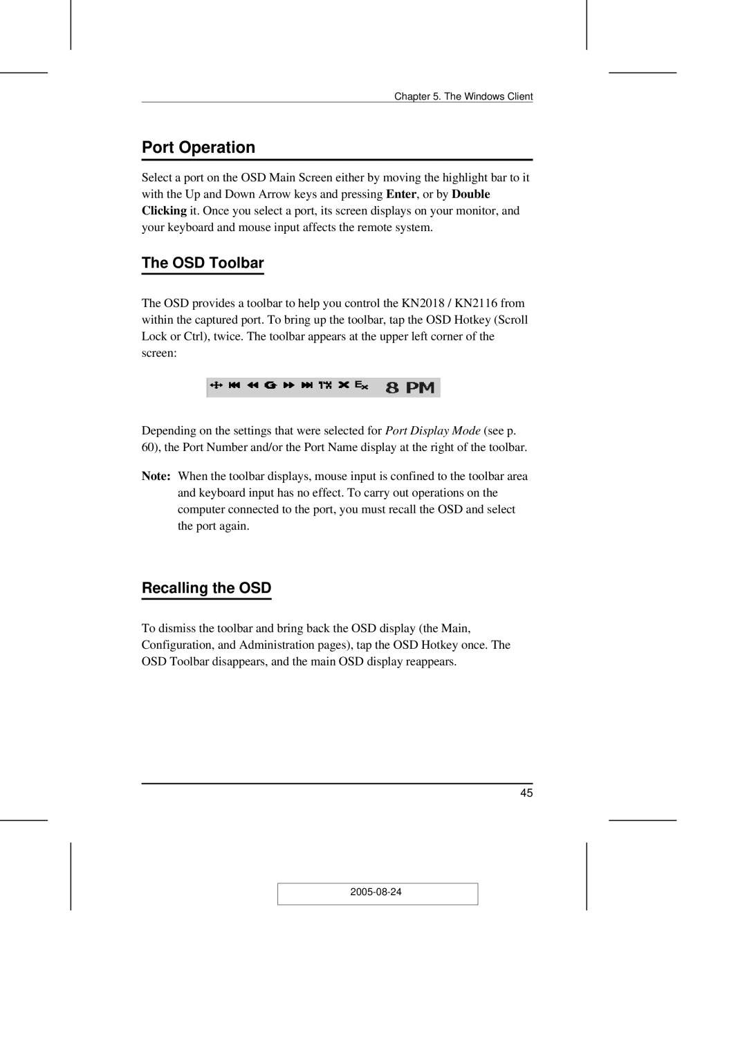 ATEN Technology KN2108 user manual Port Operation, OSD Toolbar, Recalling the OSD 